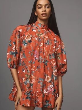 Anthropologie Floral Mini Dress in Rust Orange with Green and Pink Accents